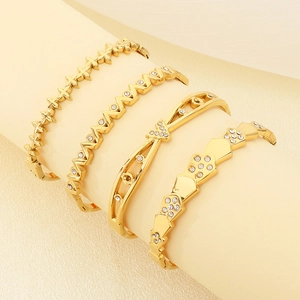 Elegant 18K gold plated geometric stackable bracelet set with sparkling white rhinestones