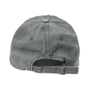 Close-up of grey washed cotton baseball cap back with adjustable metal slider buckle