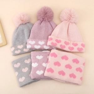 Winter knit hat and scarf sets with heart patterns in grey, purple, and pink colors