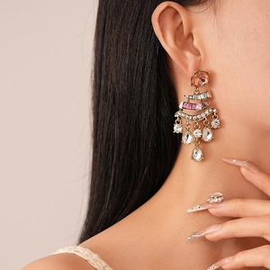 Vintage luxury gold earrings with pink square stones and teardrop crystal drops