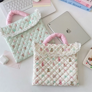 Detailed view of quilted cotton laptop sleeves with lace trim and cute cartoon prints