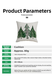 Detail view of linen Christmas cushion cover featuring green tree patterns and size specs