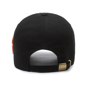 Rear view of vintage black washed baseball cap with adjustable metal buckle strap