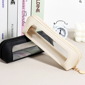 Large capacity PU leather and transparent PVC pencil case in minimalist black and beige