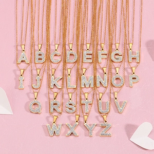 Alphabet Initial Letter Pendant Necklace Stainless Steel Gold Plated Cubic Zirconia Pavé Iced Out Dainty Jewelry Women