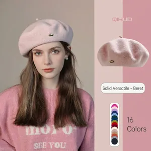 Vintage Wool Beret Hat For Women Winter Warm Solid Color French Artist Cap With Metal Letter Label Fashion Accessories