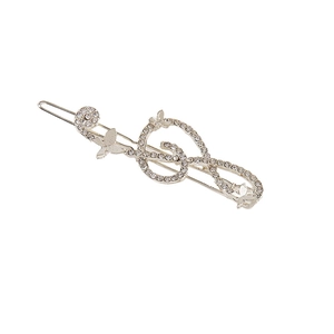 Sparkling musical note and butterfly hair clip with rhinestones in a silver finish