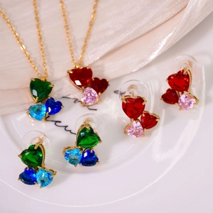 Elegant 14k gold-plated heart-shaped jewelry set with multicolored zircon stones