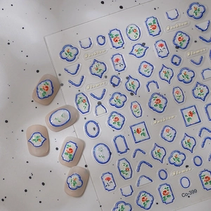 French style nail stickers Co-399 with blue frames and red roses for DIY manicure art