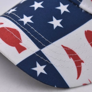 Détail de la broderie drapeau américain et silhouette de poisson sur casquette en toile