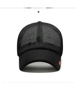 Close-up of black breathable mesh baseball cap with 3D embroidery and red side label