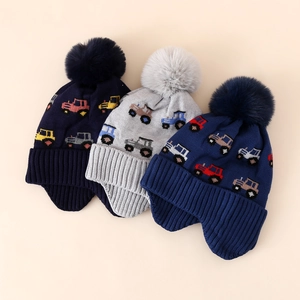 Kids Knitted Beanie Hat Acrylic Fleece Lined Winter Warm Ear Protection Jacquard Car Pattern Pom Pom For Boys
