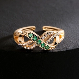 18K gold plated infinity open ring with green and white cubic zirconia stones