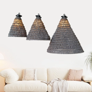 Dreiteiliges Set graue gewebte Hanfseil-Lampenschirme im Boho-Stil für rustikale Deko