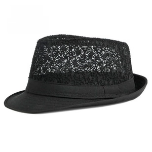 Detailed close-up of breathable black floral lace texture on a classic fedora hat