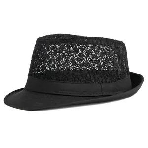 Breathable black lace fedora beach hat with wide brim for sun protection and style