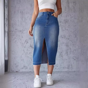 Chic Jupe Midi En Jean Bleue Taille Haute Fente Avant Distressed Ourlet Effiloché Décontracté Pour Femmes