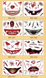 Grid of eight realistic Halloween temporary tattoos with scar and stitch designs