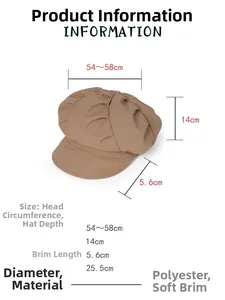 Tableau des tailles et spécifications détaillées pour la casquette gavroche kaki en polyester