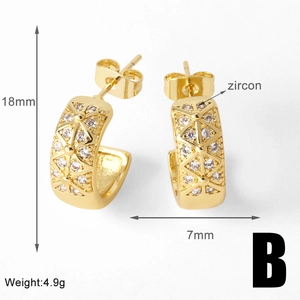 Detailed view of gold C-shaped earrings with zircon inlay, size 18mm by 7mm