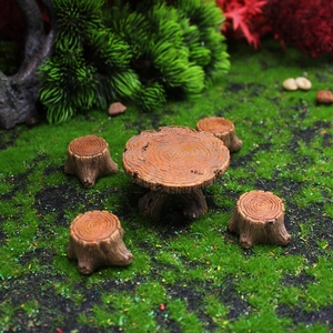 Micro landscape garden set with five miniature resin tree stump tables and chairs