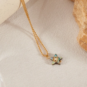 Detail of star-shaped abalone shell pendant on a gold-plated beaded stainless steel chain