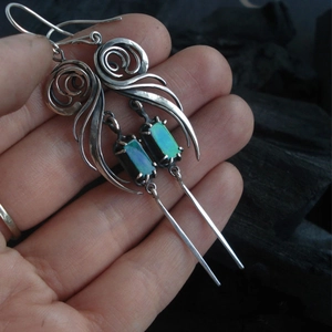 Vintage geometric long silver drop earrings with emerald green square zircon and filigree