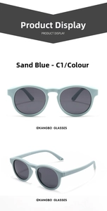 Close-up of matte blue silicone kids polarized sunglasses with UV protective lenses