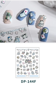 Macro detail of Alice in Wonderland 3D embossed nail art stickers with vintage patterns