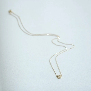 Macro shot of 14K gold-plated U-shaped horseshoe pendant with delicate diamonds