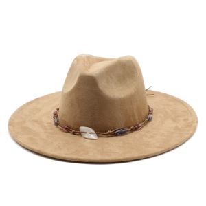 Vintage Fedora Hat Suede Wide Brim Ethnic Beaded Belt Shell Ornament Bohemian Style Unisex Adjustable