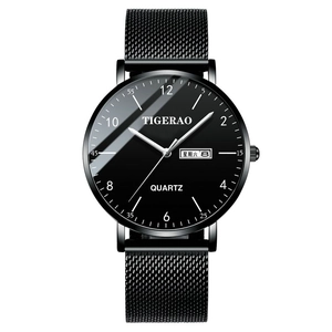 Men's black quartz watch with starry dial, stainless steel mesh band, and dual date display