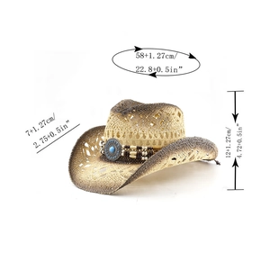 Detailed sizing chart for straw cowboy hat with turquoise bead and western style gradient