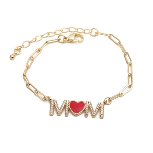 Goldene Büroklammer-Armband mit Zirkon MOM-Buchstaben und rotem Herzanhänger für Damen
