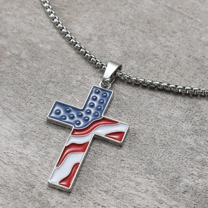 Mens hip hop USA flag cross pendant necklace with red white and blue enamel finish