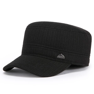 Men Cadet Cap Cotton Woolen Flat Top Hat Winter Warm Windproof With Ear Flaps Outdoor Adjustable Metal Badge