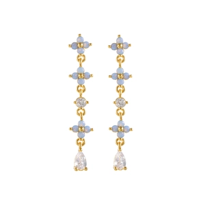 Detail of gold floral tassel earrings with blue zircon and teardrop crystal pendants