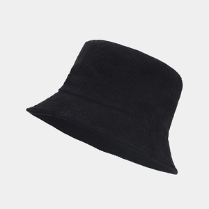 Close-up of the ribbed corduroy texture and fine stitching on this black bucket hat