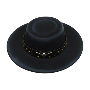Detailed view of a black wool felt flat top jazz hat with a metallic bull head accent.