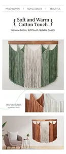 Macro detail of hand-woven cotton wall hanging with wooden rod and fringe
