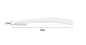 Detailed size specifications for a white folding eyebrow razor with macro safety blade