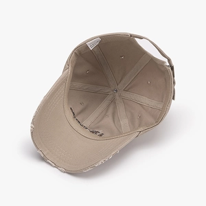 Khaki vintage cotton baseball cap with distressed brim and adjustable metal buckle