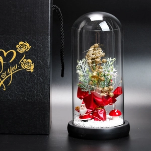Christmas glass globe with LED tree, reindeer and gift box on a professional black background