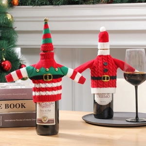 Christmas knitted wine bottle covers with elf and Santa designs for holiday table decor