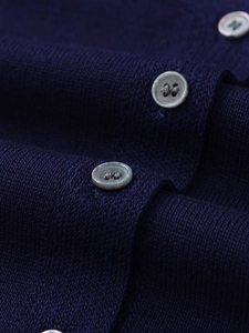 Detailed close-up of navy knit wool texture and elegant grey four-hole buttons