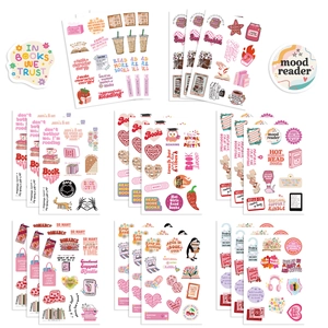 Pink bookish style sticker set featuring hand-drawn designs and reading quotes