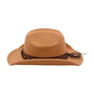Close-up of brown felt western cowboy hat with studded leather band and woven tassels