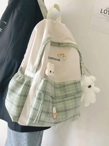 Canvas School Backpack Plaid Patchwork Large Capacity Laptop Bag Cute Korean Style Student Bookbag