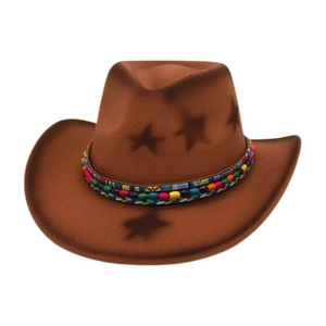 Brown wool felt cowboy hat with ethnic ribbon and beaded chain on a clean white background