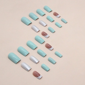 Glossy mint green and pearlescent white medium square press-on nails with French tips
